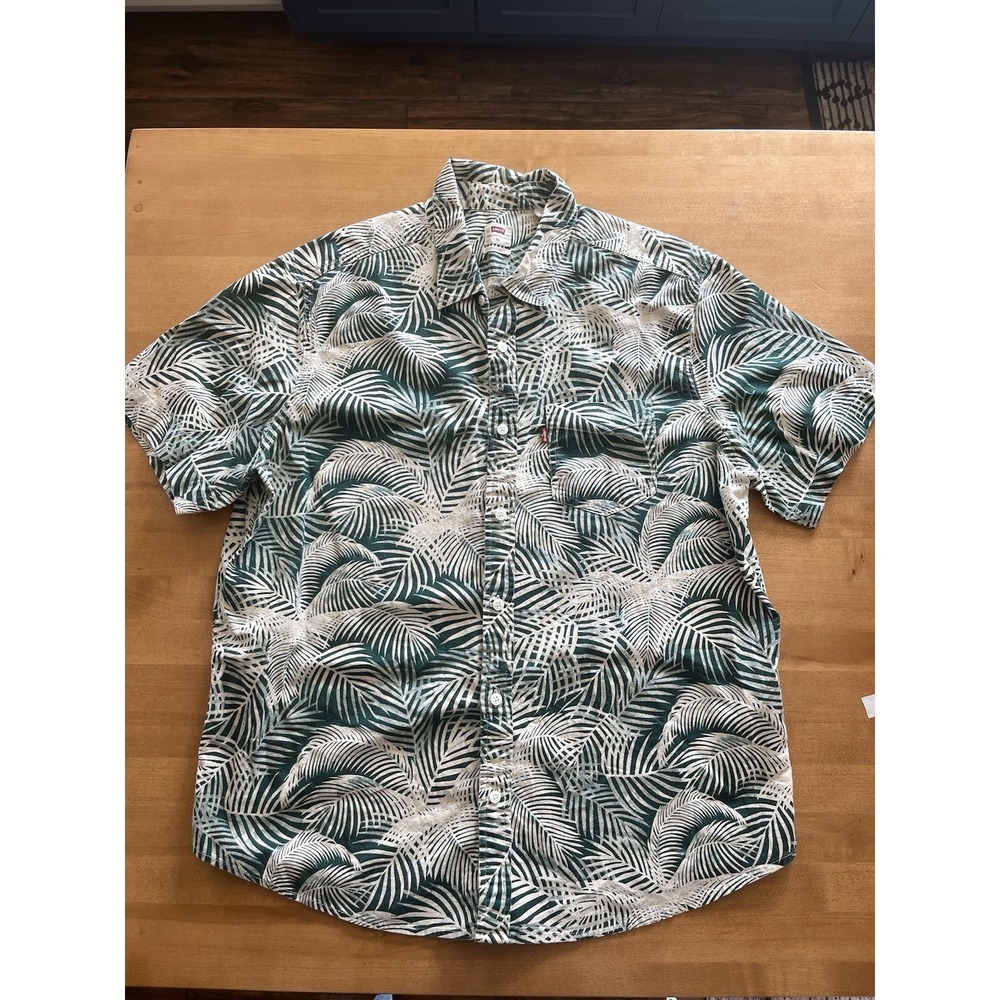 Levi's Men's Hawaiian Shirt XL Short Sleeve Green White Floral Palm Standard Fit